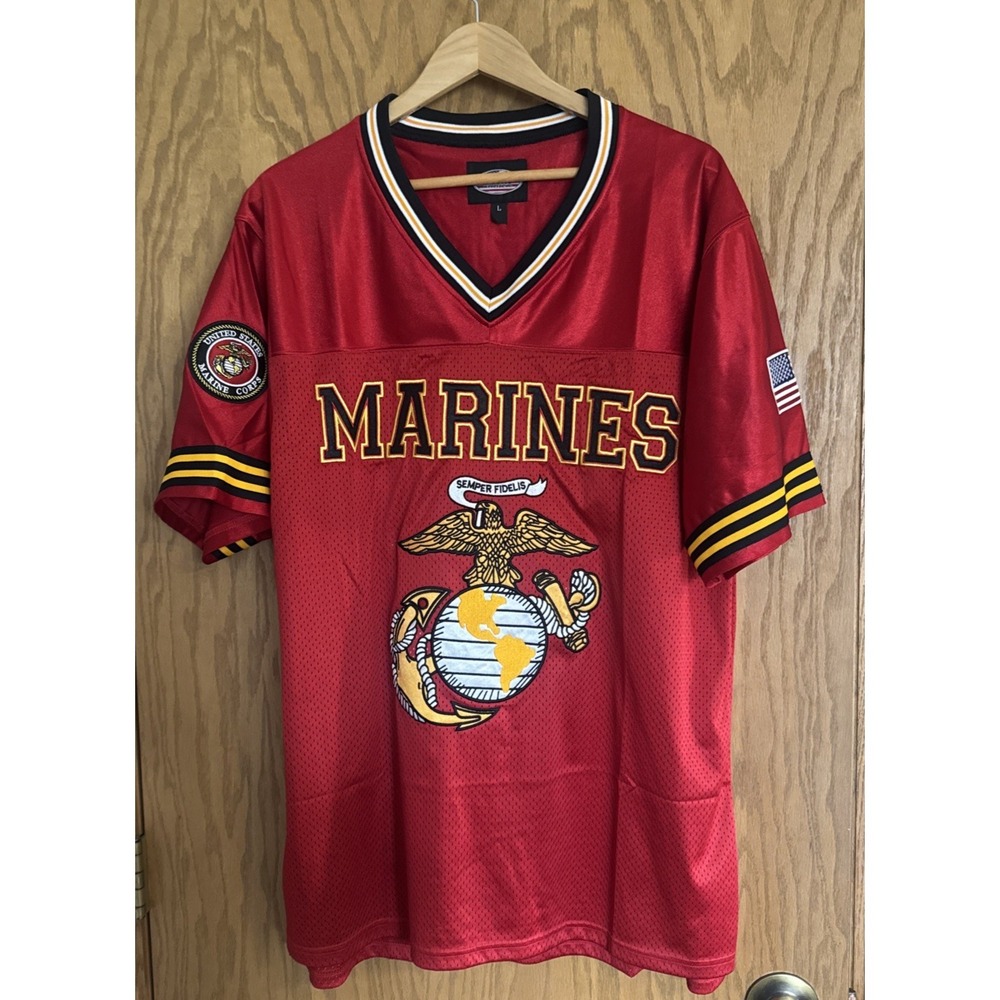 US MARINES SIZE L EMBROIDERED FOOTBALL STYLE JERSEY SEMPER FI EUC